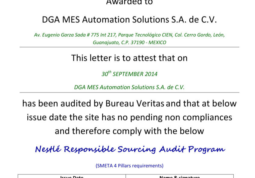 RSA letter of Conformity_DGA MES Automation Solutions, S.A. de C